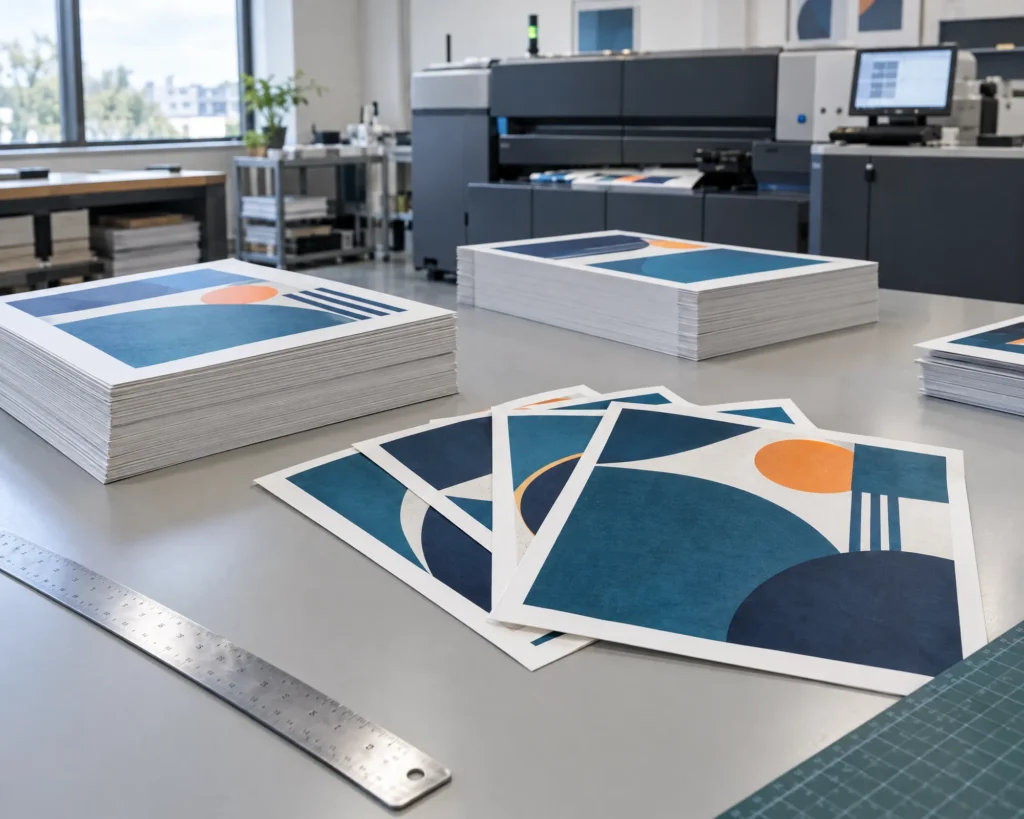 Stapels vers gedrukte vellen en gesneden drukwerk op een werktafel in een drukkerij