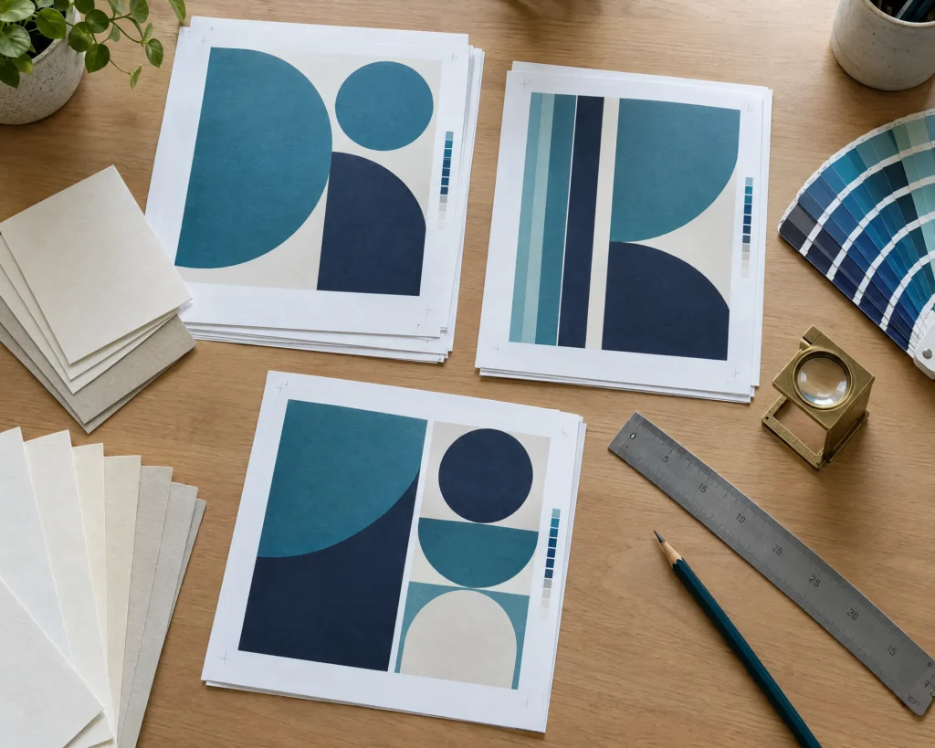 Drukproeven, papierstalen en een loep op een ontwerptafel